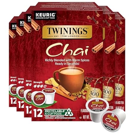 Twinings Chai Black Tea 72 K-Cup Pods for Keurig, 12 Count (Pack of 6), Naturally Sweet, Savoury Spice Flavour, Caffeinated, Enjoy Hot or Iced