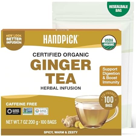 HANDPICK, Organic Ginger Tea Bags (100 Herbal Tea Bags), Authentic Indian Origin, Caffeine Free & 100% Pure Ginger Root |Soothing & Spicy Blend | Round Eco Conscious Teabags