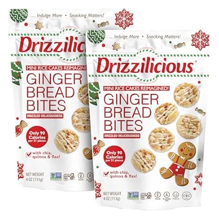 Drizzilicious Mini Rice Cakes - Rice Crisps, Healthy Snack for Adults and Kids, Flavored Rice Cakes, Vegan, Gluten Free, Only 90 Calories Per Serving - Gingerbread, 4 oz (Pack of 2)
