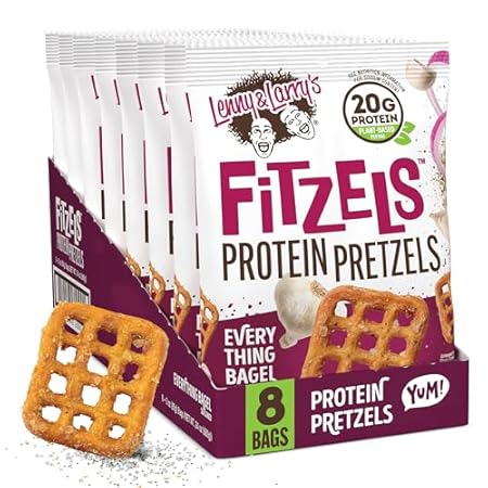 Lenny & Larry's Everything Bagel FITZELS- Savory Pretzel Snacks Incredibly Tasty, High Protein Salty, Vegan, 20 g's of Plant Based Protein 8 (eight) Bags, 3 oz Each