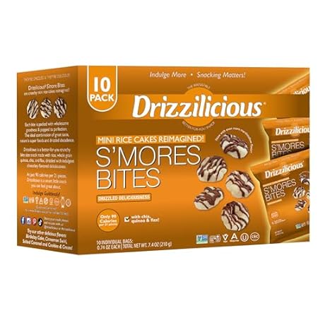 Drizzilicious Mini Rice Cakes S'mores - Rice Crisps, Healthy Snack for Adults and Kids, Flavored Rice Cakes, Vegan, Gluten Free, Allergen Free, Only 90 Calories Per Bag - 0.74 oz (Pack of 10)