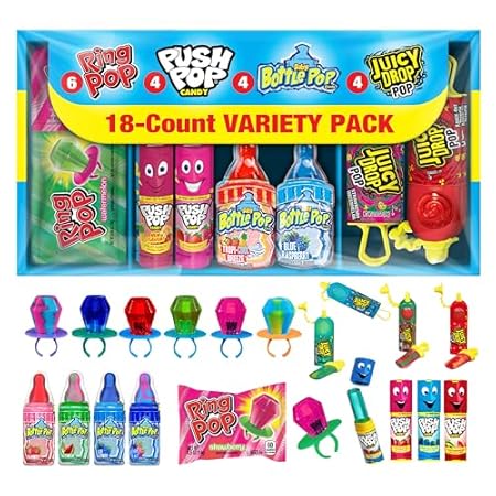 Halloween Candy Variety Pack, 18Ct Assorted Lollipops, Bulk Individually Wrapped Ring Pop, Push Pop, Baby Bottle Pop & Juicy Drop, Birthday Party Favors, Trick or Treat, Halloween Bowls, Kids Gifts