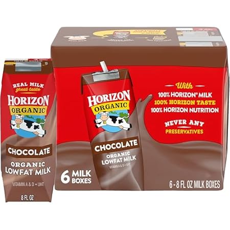 Horizon Organic Shelf Stable 1% Lowfat Chocolate Milk Boxes, 8 fl oz, 6 Count - 8g Protein per Serving, USDA Organic UHT from Pasture-Raised Cows, Ready to Drink for Lunchbox, Travel, or On-the-Go, No Refrigeration Needed