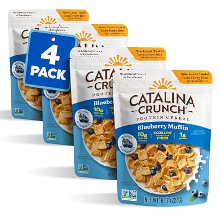 Catalina Crunch Protein Cereal | Breakfast Cereal with 10g of Protein, No Added Sugar | Gluten Free, Keto Friendly | Blueberry Muffin - 8 oz. Bag (Pack of 4) - Packaging May Vary
