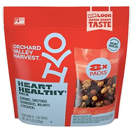 Orchard Valley Harvest Heart Healthy Blend, 1 Ounce Bags (Pack of 8), Almonds, Cranberries, Walnuts, and Chickpeas, Gluten Free, Non-GMO, No Artificial Ingredients, Healthy Snacks for Adults