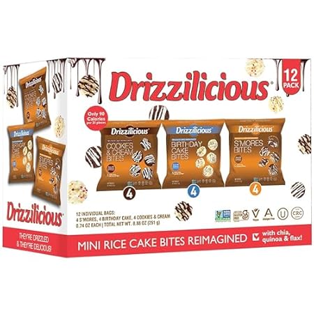 Drizzilicious Mini Rice Cakes Variety Pack - Rice Crisps, Healthy Snack for Adults and Kids, Flavored Rice Cakes, Vegan, Gluten Free, Allergen Free, Only 90 Calories Per Bag - 0.74 oz (Pack of 12)