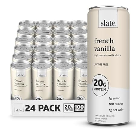 Slate Milk - High Protein Milk Shake - French Vanilla - Lactose Free, 20g Protein, 1g Sugar, 100 Calories, 1g Net Carbs, No Added Sugar - Natural, Breakfast Boost, Post Workout - 11 fl oz, 24 Cans