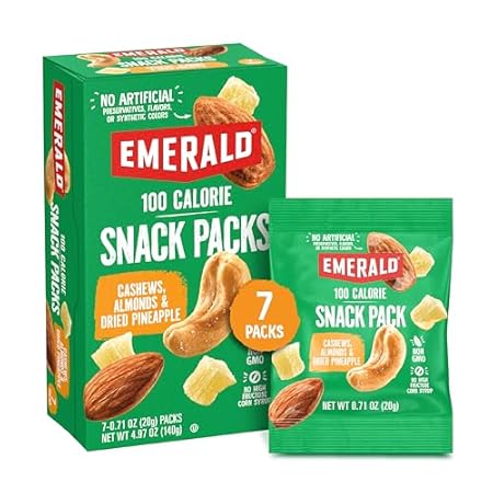 Emerald Nuts Cashews and Almonds with Dried Pineapple 7 Ct (1-Pack), 100-Calorie Individual Packs of Mixed Nut Blend and Dried Fruit
