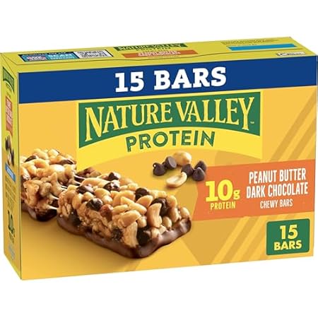 Nature Valley Breakfast Bars, Protein Granola Bars, Peanut Butter Dark Chocolate, Chewy, Gluten-Free, Individually Wrapped, On-the-Go, No Artificial Flavors or High Fructose Corn Syrup, 15-Count Box