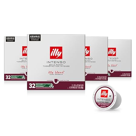 Illy Coffee, Intenso Dark Roast K-Cups, Made With 100% Arabica Beans, Intense & Robust Flavor, All-Natural, No Preservatives, Pods for Keurig Machines, 128 K-Cup Pods