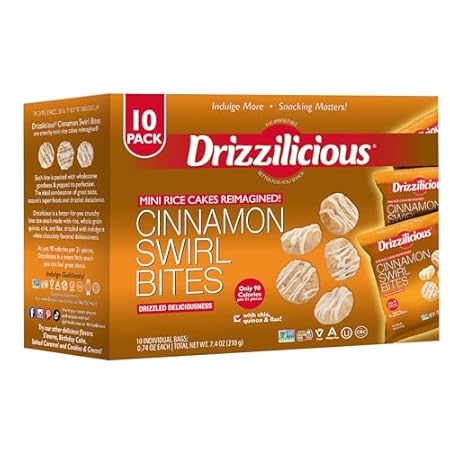 Drizzilicious Mini Rice Cakes Cinnamon Swirl - Rice Crisps, Healthy Snack for Adults and Kids, Flavored Rice Cakes, Vegan, Gluten Free, Allergen Free, Only 90 Calories Per Bag - 0.74 oz (Pack of 10)