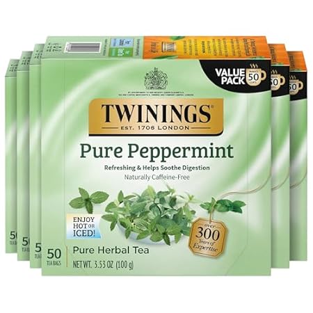 Twinings Pure Peppermint Herbal Tea Individually Wrapped Bags, 50 Count (Pack of 6), Fresh Minty Flavour, Naturally Caffeine-Free, Enjoy Hot or Iced, 300 Teabags