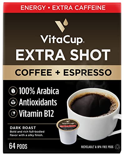 VitaCup Extra Shot Strong Coffee Pods, Bold & Intense Dark Roast w/Espresso Shot, High Caffeine, Vitamin B12, Antioxidants, Recyclable Single Serve Pod Compatible with Keurig K-Cup Brewers, 64ct