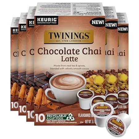 NEW Twinings Chocolate Chai Latte Tea 60 K-Cup Pods for Keurig, 10 Count (Pack of 6), Velvety Smooth Cocoa with Real Spiced Tea, Caffeinated, Enjoy Hot or Iced