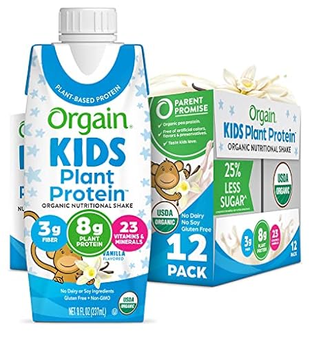 Orgain Organic Kids Nutritional Vegan Protein Shake, Vanilla - Healthy Kids Snacks, 8g Plant Protein, 3g Fiber, 23 Vitamins & Minerals, No Dairy & Soy, Non-GMO, 8 Fl Oz (12 Pack) Package May Vary