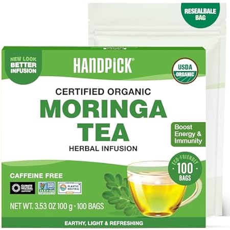 HANDPICK, Organic Moringa Tea Bags (100 Count), Pure Moringa Leaves | Authentic Indian Origin | Caffeine Free, Non GMO | Earthy, Light & Refreshing | Round Eco-conscious Teabags