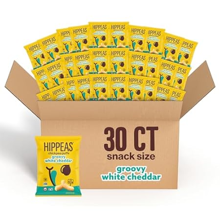 Hippeas Chickpea Puffs, Groovy White Cheddar, 0.8 Ounce (Pack of 30), 3g Protein, 2g Fiber, Vegan, Gluten-Free, Crunchy, Plant Protein Snacks