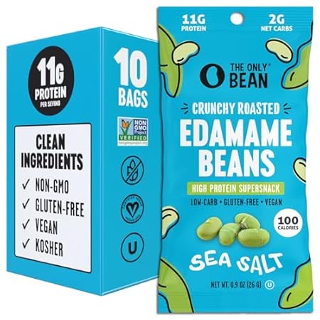 The Only Bean Crunchy Dry Roasted Edamame Snacks (Sea Salt), Healthy High Protein(11g) Keto Food, Low Carb Gluten Free Office Vegan Food 100 Calorie Snack Pack, 0.9oz 10 Pack