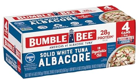 Bumble Bee Solid White Albacore Tuna in Oil, 5 oz Can (Pack of 4) - Wild Caught Tuna - 28g Protein per Serving, High in Omega-3s - Non-GMO Project Verified, Gluten Free, Kosher