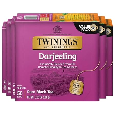 Twinings Darjeeling Black Tea Individually Wrapped Bags, 50 Count (Pack of 6), Delicate Light Taste, Caffeinated, Enjoy Hot or Iced, 300 Teabags