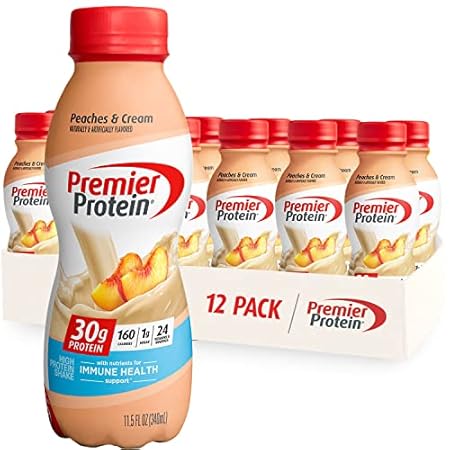 Premier Protein Shake 30g 1g Sugar 24 Vitamins Minerals Nutrients to Support Immune Health, Peaches & Cream, 11.5 Fl Oz (Pack of 12), Total 138 Fl Oz
