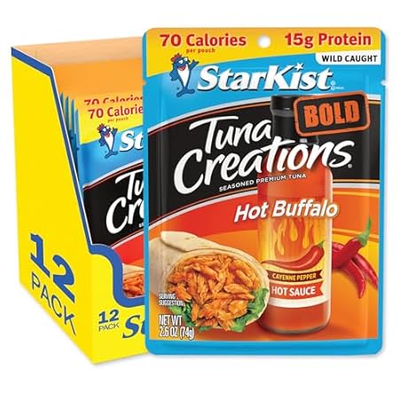 StarKist Tuna Creations BOLD Hot Buffalo, 2.6 oz Pouch (12 Pack) Ready to Eat Wild Caught Tuna, 15g Protein, 70 Calories Per Serving, Gluten Free, Soy Free, Kosher, Perfect for Keto Meals and Snacks
