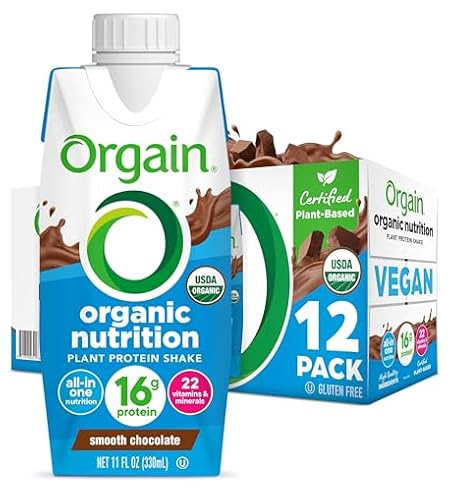 Orgain Organic Nutritional Vegan Protein Shake, Smooth Chocolate - 16g Plant Based Protein, Meal Replacement, 22 Vitamins & Minerals, Fruits & Vegetables, Gluten Free, Non-GMO, 11 Fl Oz (Pack of 12)