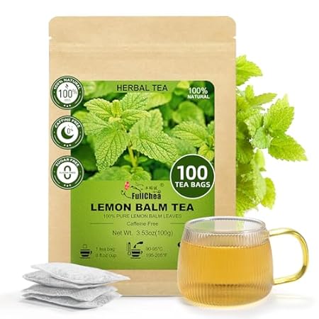 FullChea - Lemon Balm Tea Bags, 100 Count - Pure & Natural Dried Lemon Balm Leaves - Melissa Officinalis - Caffeine-free Herbal Tea for Relaxation - Non-GMO