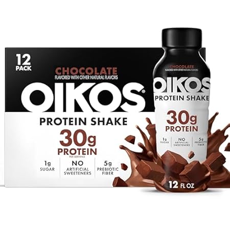 Oikos Protein Shake, Chocolate, 30g High Protein Drinks, Shelf Stable, Ready to Drink, 5g Prebiotic Fiber, 12 fl oz Bottle, 12 Count