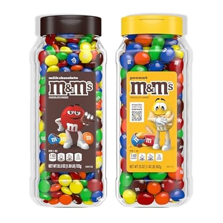 M&M’s Milk Chocolate and M&M’S Peanut Bulk Candy Jars, Assorted Chocolate Candies, Party Size Bulk Candy, Movie Night Snacks, Resealable and Recyclable, 48.5 Oz Total (Pack of 2)