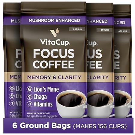 VitaCup Focus Mushroom Coffee Grounds, with Lions Mane, Chaga, B Vitamins, D3, Boost Focus, Immunity, Memory & Clarity, Medium Dark Roast, Bold & Smooth 100% Arabica Specialty, 6 bags, 10oz each