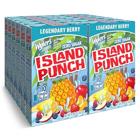 Wyler’s Light Island Punch Singles To Go, Legendary Berry, 10-Count per Box (12 Pack) – Low Calorie Powdered Drink Mixes, Caffeine Free, Gluten Free, and Zero Sugar, 120 Total Powder Packets