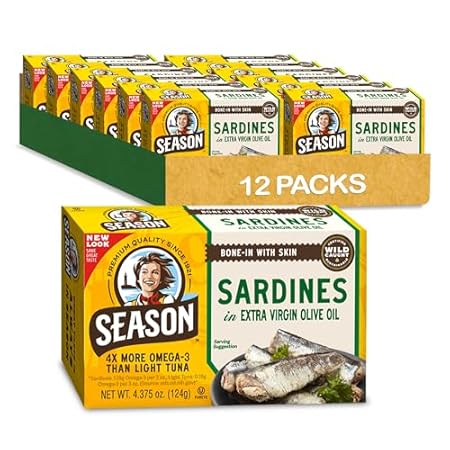 Season Sardines in Extra Virgin Olive Oil - Wild Caught, 22g of Protein, Keto Snacks, More Omega 3's Than Tuna, Kosher, High in Calcium, Canned Sardines - 4.37 Oz Tins, 12-Pack
