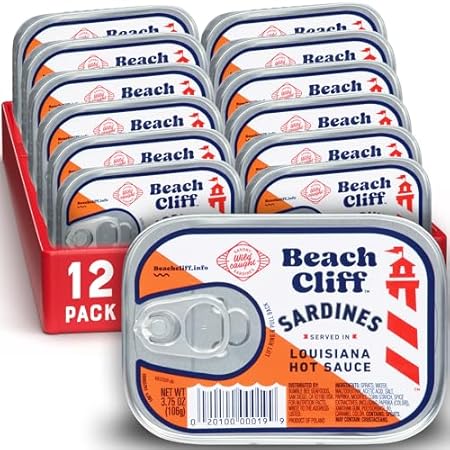 Beach Cliff Wild Caught Sardines in Louisiana Hot Sauce, 3.75 oz Can (Pack of 12) - 11gProtein per Serving - Gluten Free, Keto Friendly - Great for Pasta & Seafood Recipes