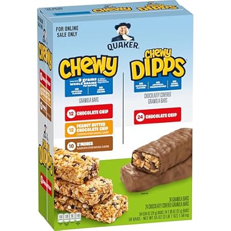 Quaker Chewy Granola Bars, Chewy & Dipps Variety Pack, (58 Bars), Whole Grains, No Artificial Flavors, No Added Colors
