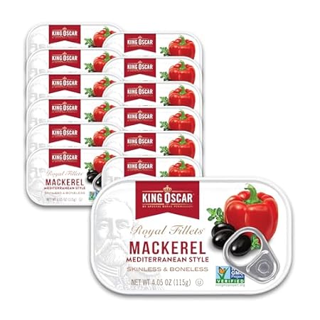 King Oscar Mackerel in Olive Oil, Mediterranean Style, 4.05 Ounce Can (Pack of 12, Packaging May Vary), Skinless & Boneless, Wild Caught Canned Mackerel