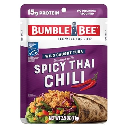 Bumble Bee Spicy Thai Chili Seasoned Tuna, 2.5 oz Pouch - Ready to Eat - Wild Caught Tuna Packet - 15g Protein per Serving - Gluten Free
