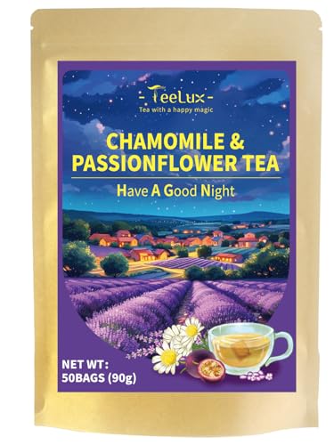 TeeLux Chamomile Passionflower Tea, Caffeine Free Tea with Lemon Balm, Spearmint, Valerian Root, Lavender, Soothing & Smooth Taste, 50 Count