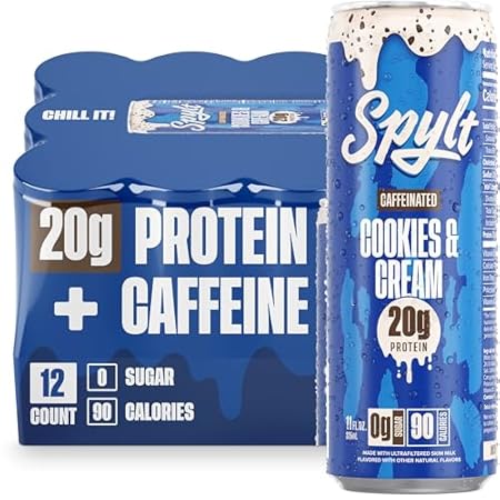 Spylt High Protein Cookies & Cream Milk with 60mg Caffeine & 20g Protein - 90 Calories, Ready to Drink, Sugar Free, Lactose Free Milk, Perfect for Workout Recovery & Afternoon Pick Me Up - 12 Count