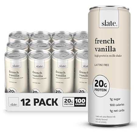 Slate Milk - High Protein Milk Shake - French Vanilla - Lactose Free, 20g Protein, 1g Sugar, 100 Calories, 1g Net Carbs, No Added Sugar - Natural, Breakfast Boost, Post Workout - 11 fl oz, 12 Cans