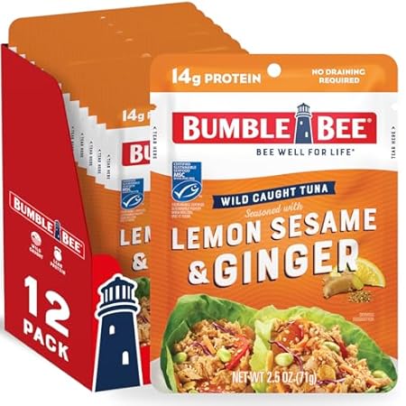 Bumble Bee Lemon Sesame & Ginger Seasoned Tuna, 2.5 oz Pouches (Pack of 12) - Ready to Eat - Wild Caught Tuna Packet - 14g Protein per Serving