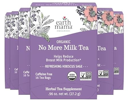Earth Mama No More Milk Tea | Organic Herbal Tea Bags to Reduce Breast Milk Production, Stop Breastfeeding, & Wean Lactation Naturally, Postpartum Essentials, Hibiscus & Sage Decaf Tea (16-Count, 6PK)