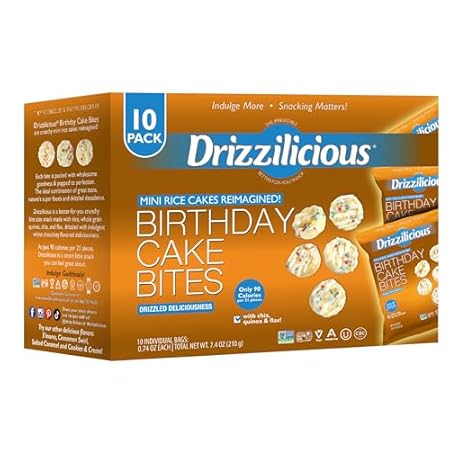 Drizzilicious Mini Rice Cakes Birthday Cake - Rice Crisps, Healthy Snack for Adults and Kids, Flavored Rice Cakes, Vegan, Gluten Free, Allergen Free, Only 90 Calories Per Bag - 0.74 oz (Pack of 10)