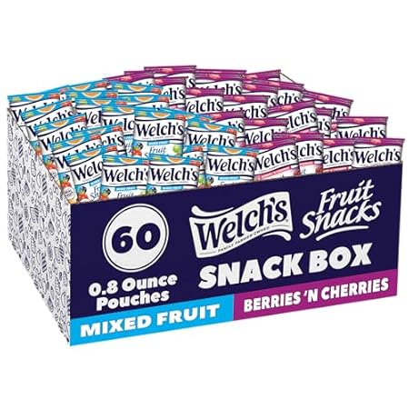 Welch's Fruit Snacks, Mixed Fruit & Berries 'N Cherries Variety Pack, Great for School Lunches, Bulk Pack, Halloween Treats, Individual Single Serve Bags, 0.8 oz (Pack of 60)