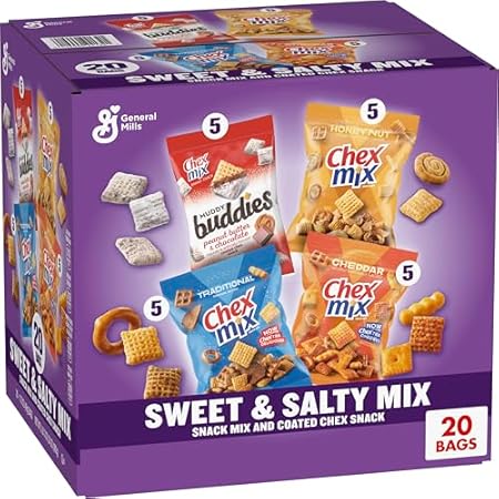 Chex Sweet & Salty Snack Variety Pack, Individually Wrapped Snack Bags, Party and Lunch Packs, Muddy Buddies Peanut Butter and Chocolate, Chex Mix Traditional, Cheddar, Honey Nut, 35 oz/20 Bags
