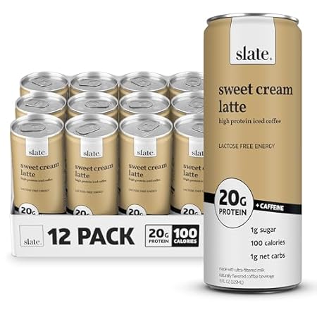 Slate Milk - High Protein Iced Coffee - Sweet Cream Latte - 175mg Caffeine, Lactose Free Energy - 20g Protein, 1g Sugar, 100 Calories, 1g Net Carbs, No Sugar Added - Protein Coffee - 11 fl oz, 12 Cans