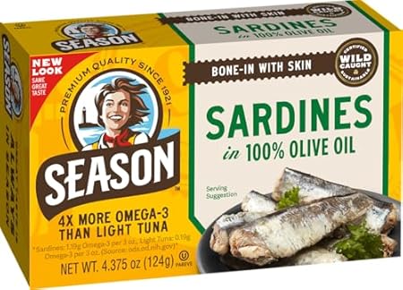 Season Sardines in Olive Oil - Wild Caught, 22g of Protein, Keto Snacks, More Omega 3's Than Tuna, Kosher, High in Calcium, Canned Sardines - 4.37 Oz Tins, 24-Pack