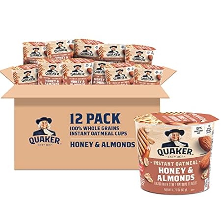 Quaker Instant Oatmeal Express Cups, Honey & Almonds, 1.76 Ounce (Pack of 12)