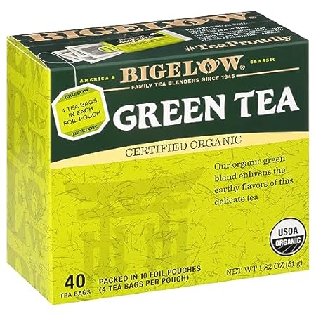 Bigelow Tea Organic Green Tea Bags Box, Caffeinated Tea with Green Tea, 40 Count Box (Pack of 6), 240 Total Tea Bags