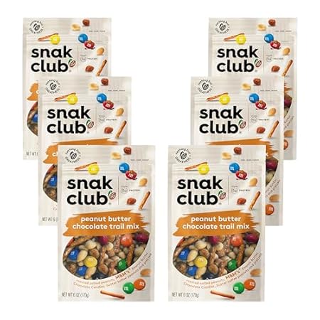 Snak Club Peanut Butter Chocolate Trail Mix with Peanuts, Peanut Butter M&M’S, Toffee Peanuts, and Pretzels, 6 oz Per Bag, 6 Resealable Bags